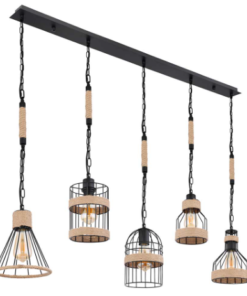 Hanging lamp, cage, hemp rope, 5 hangers, black