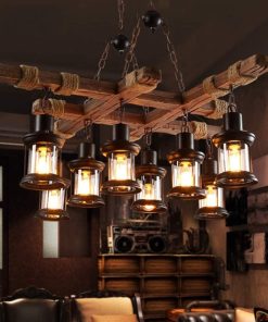 Retro Wood 8-Head Pendant Lamp | Solid Wood & Wrought Iron Hanging Light E27 | South Africa |