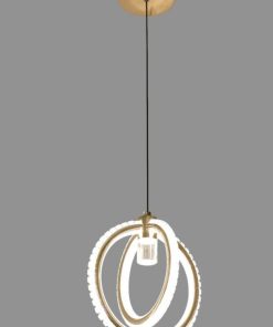 This gold-finished modern pendant light features intersecting LED rings and a central clear cylinder component.