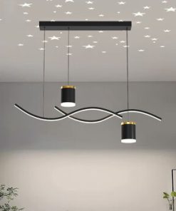 This Mega Lighting modern pendant light features sleek black wave-shaped LED strips and cylindrical spotlight accents